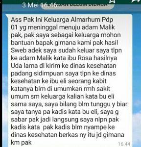 Keluarga Almarhumah PDP 01 Asal Sidimpuan Desak Gugus Tugas Umumkan Hasil Sample Swab