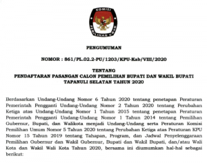 KPUD Tapsel Buka Pendaftaran Pasangan Calon Bupati Dan Wakil Bupati